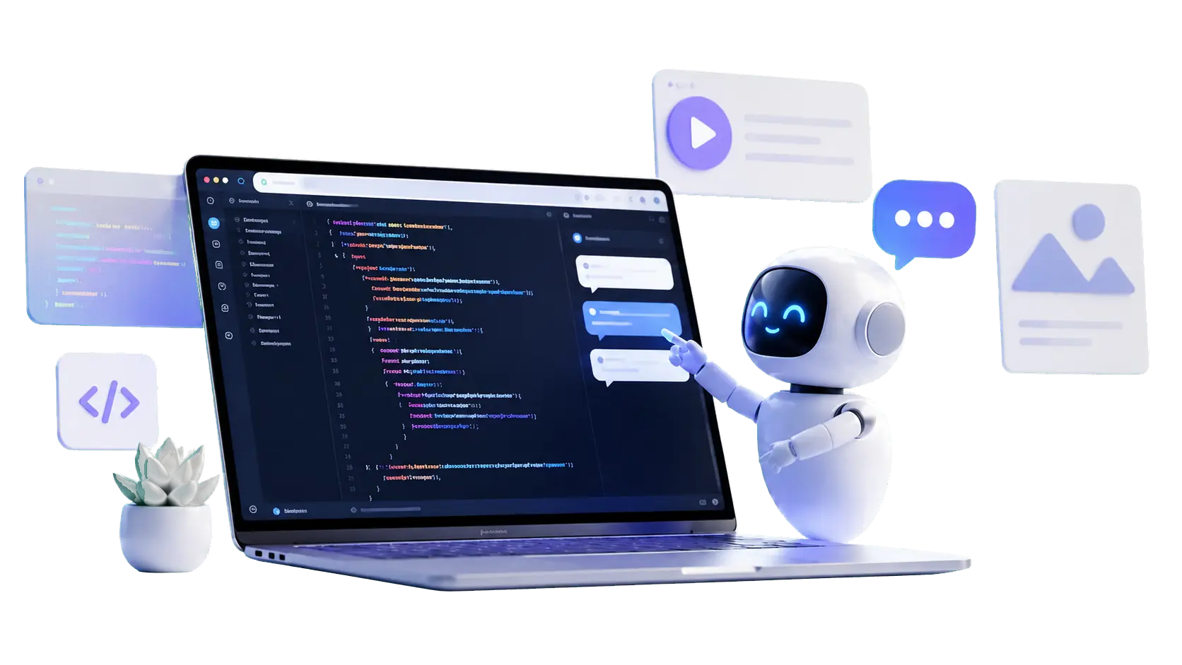 Artifixtools AI workspace with laptop and assistant robot